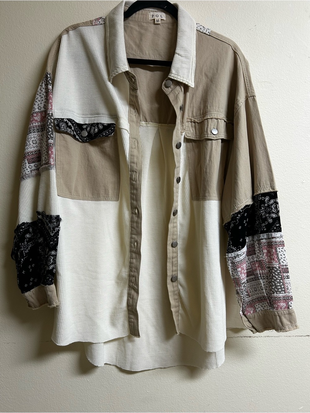 POL Beige & Cream Patchwork women’s Button-Up Shirt